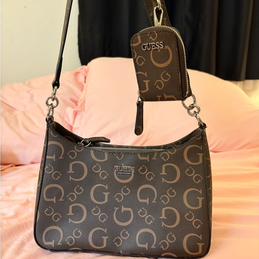 Guess Brown and Tan Logo Handbag with Pouch